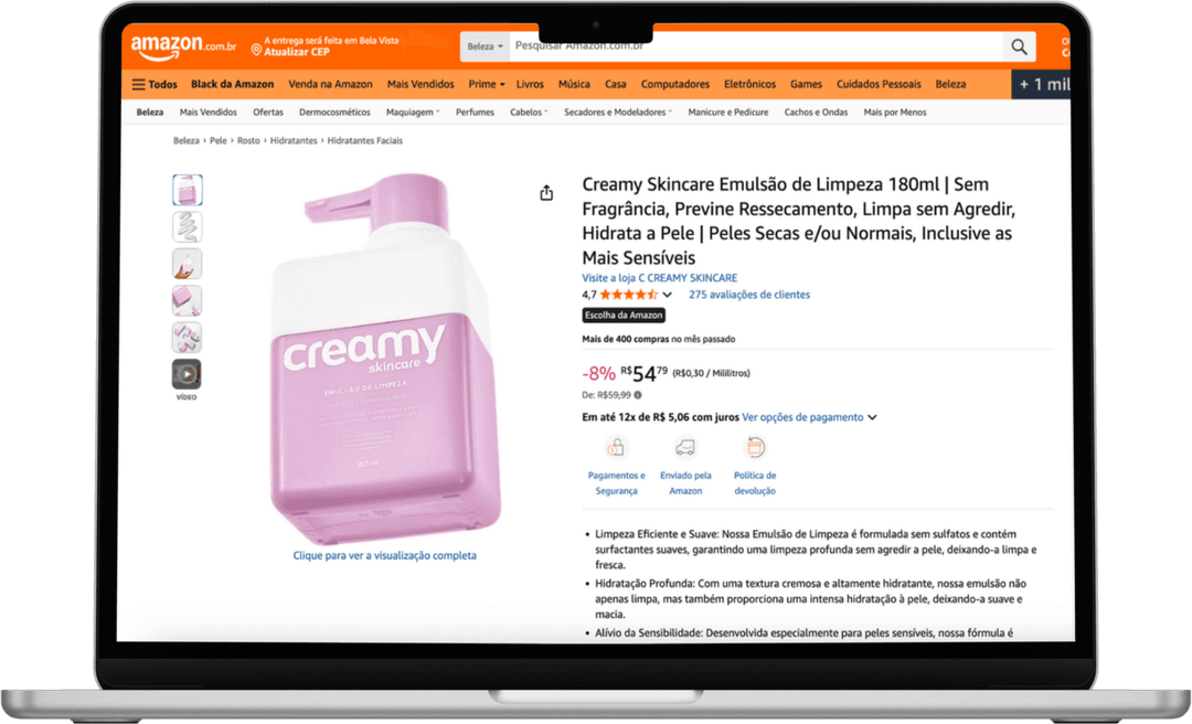 Creamy Skincare product page on Amazon Brazil, shown on a laptop