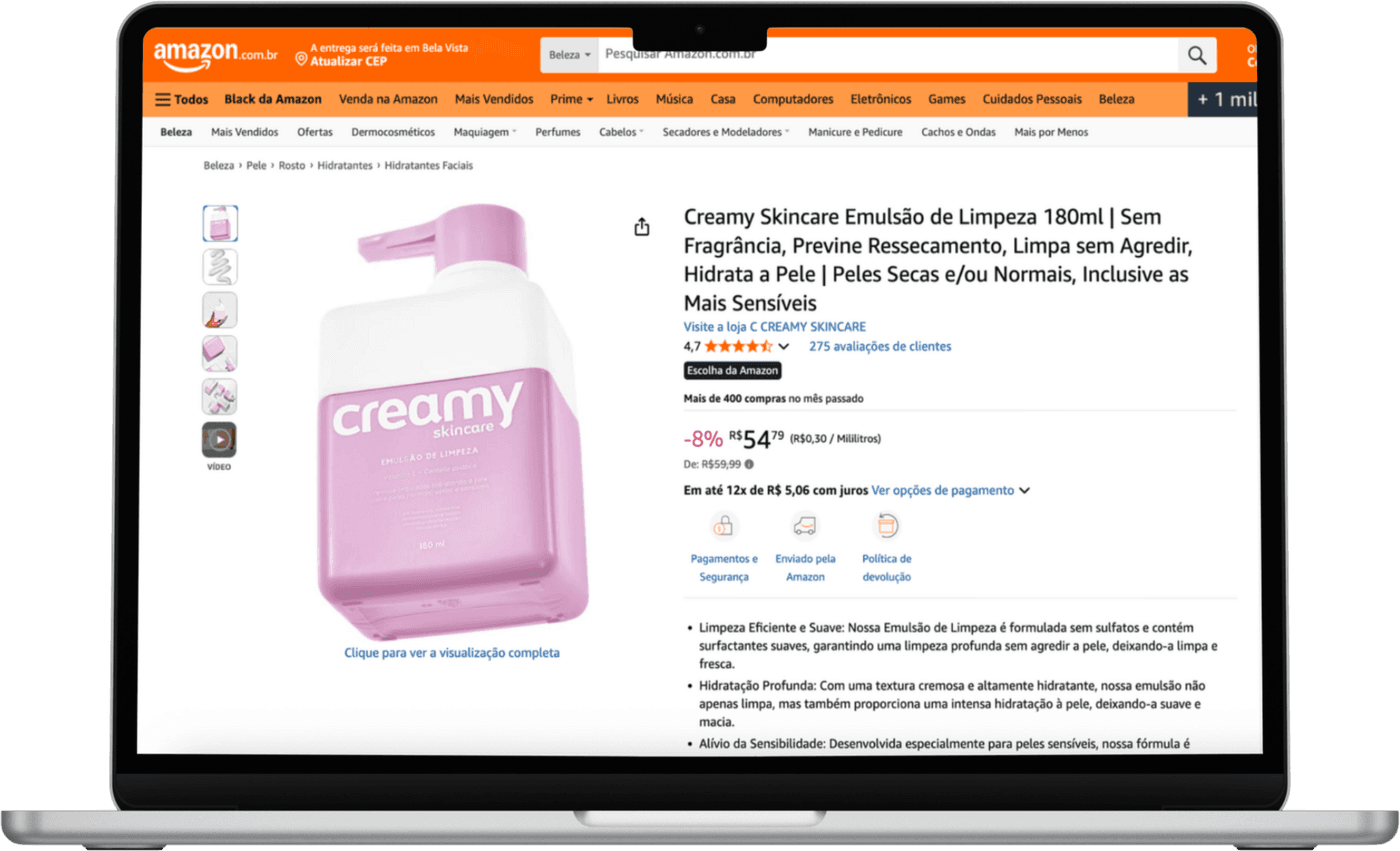 Creamy Skincare cleansing emulsion product page on Amazon Brazil, shown on a laptop