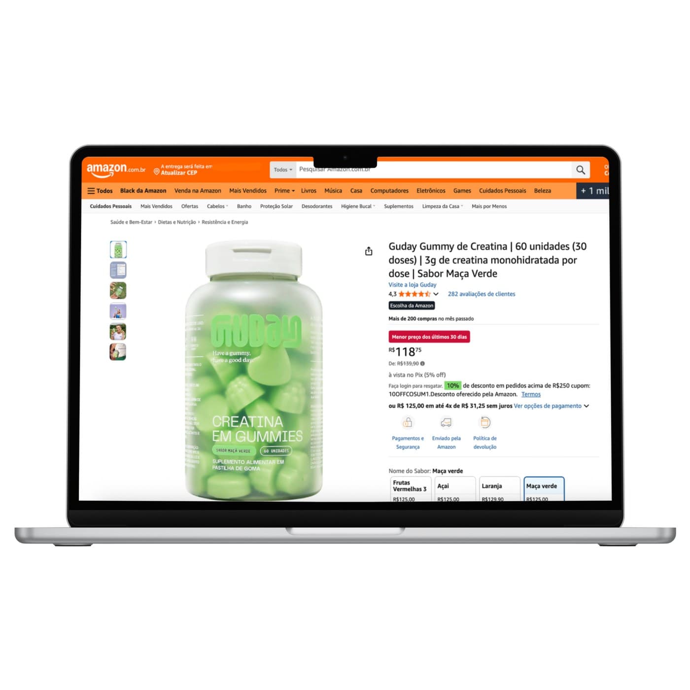 Guday creatine gummies product page on Amazon, shown on a laptop