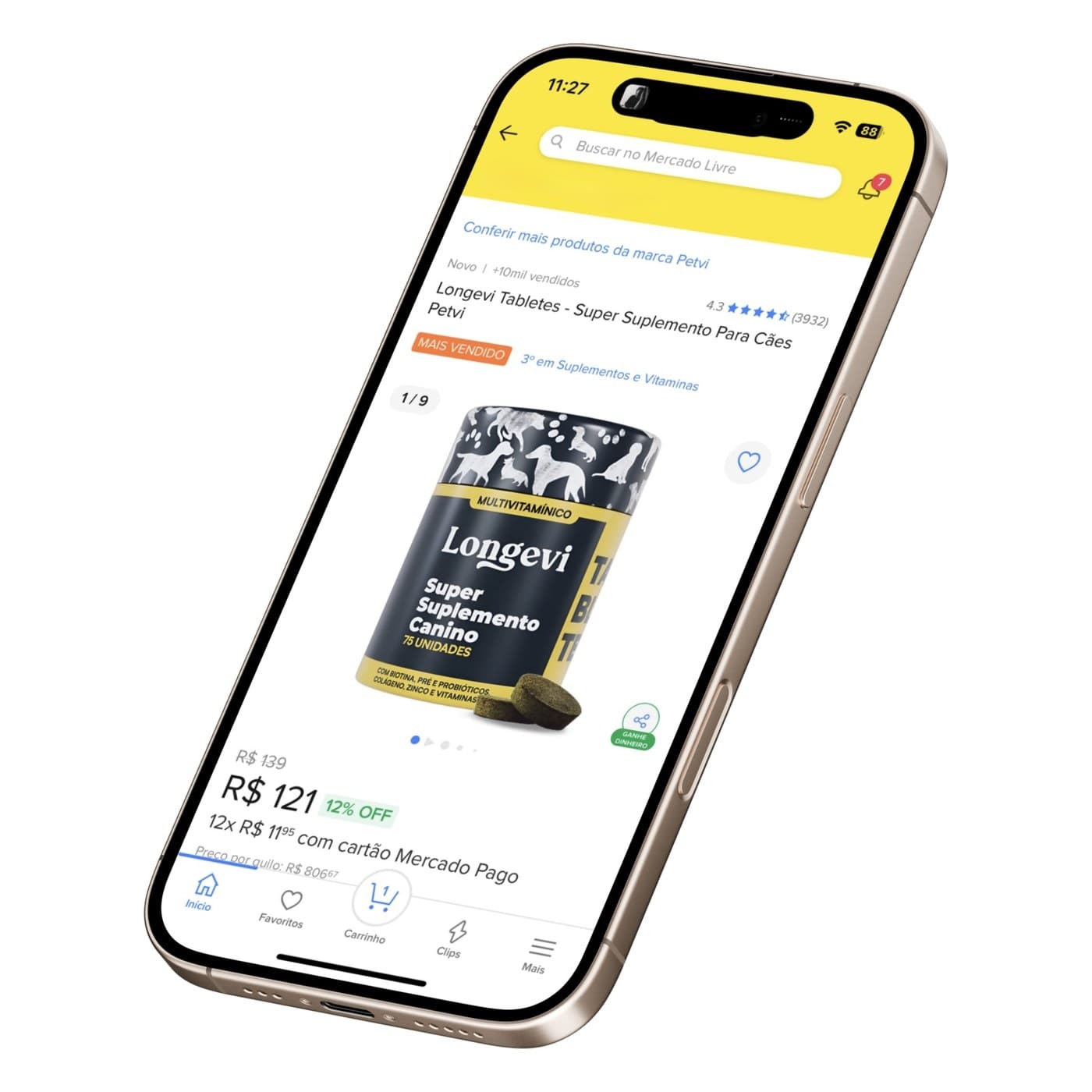 Petvi Longevi supplement listing on Mercado Livre, shown on a phone